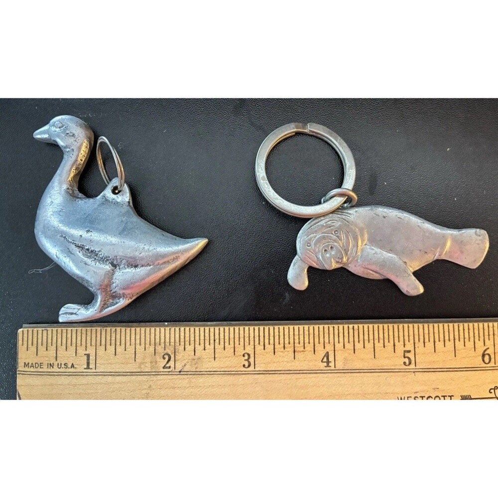 Set of 2 Silver Metal Keychains, Goose and Manatee